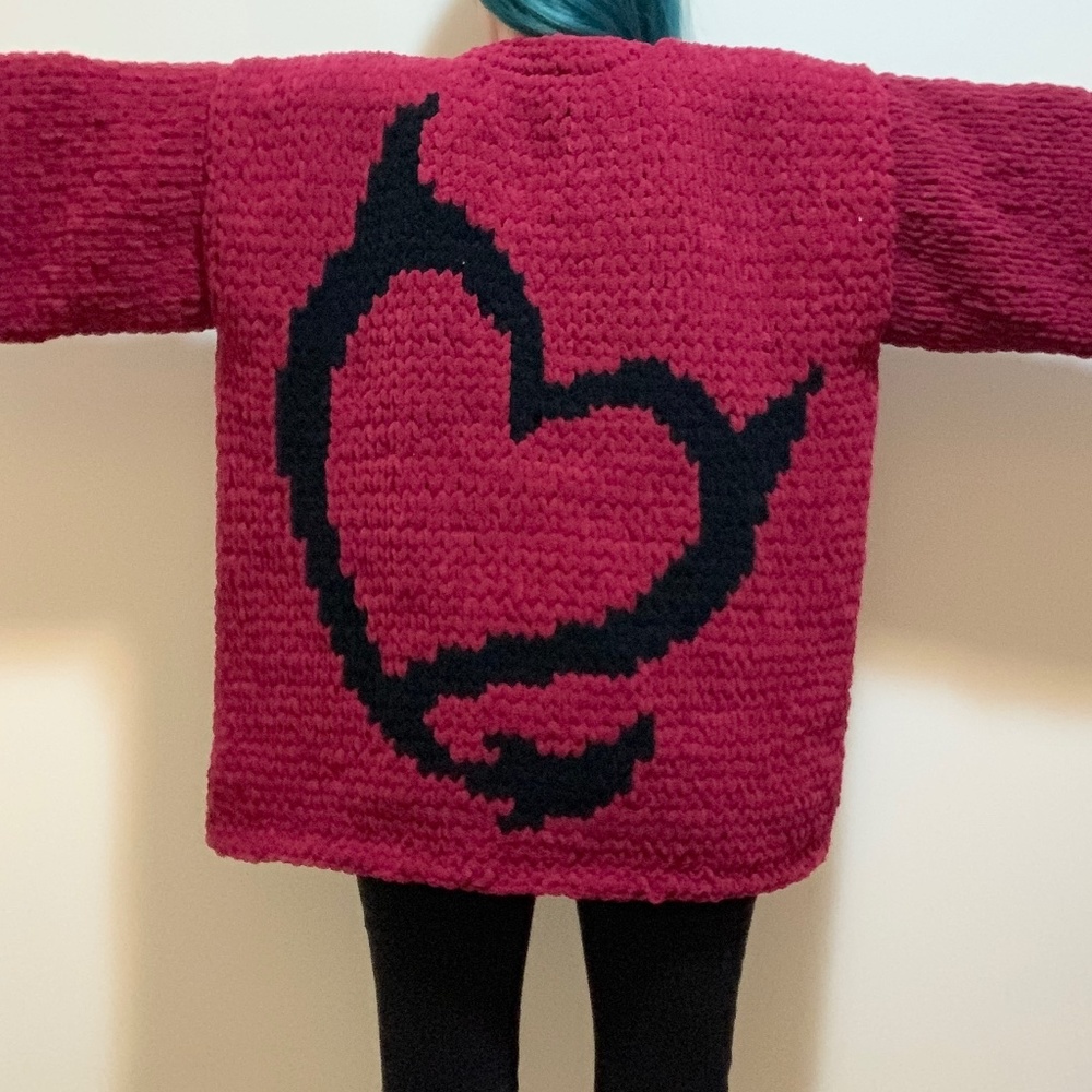 Maroon Red Black Devil Horn Heart Chunky Chenille Knit Cardigan Goth Punk Y2k